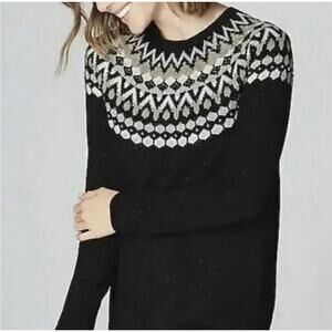 J Jill Black White Gold Fair Isle Nordic Knit Sweater Metallic Shimmer Sz Xl
